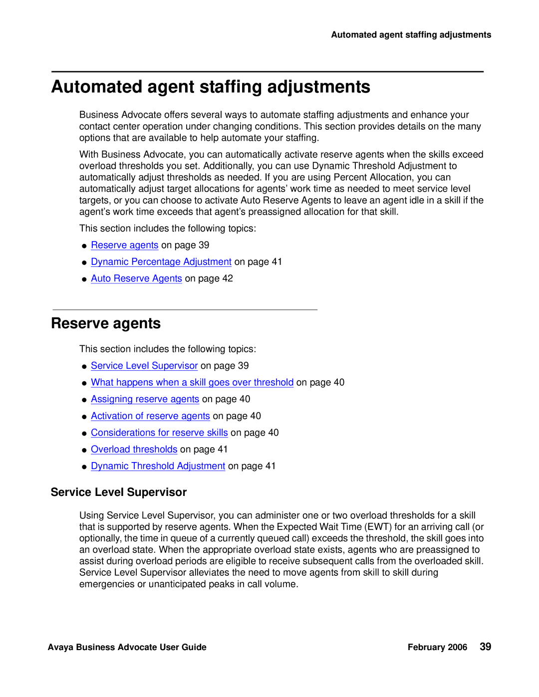 Avaya 3.1 manual Automated agent staffing adjustments, Reserve agents, Service Level Supervisor 