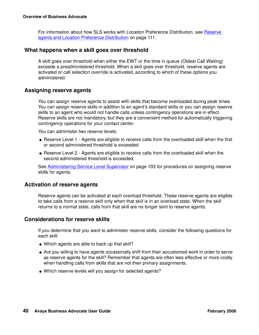 Avaya 3.1 manual What happens when a skill goes over threshold, Assigning reserve agents, Activation of reserve agents 