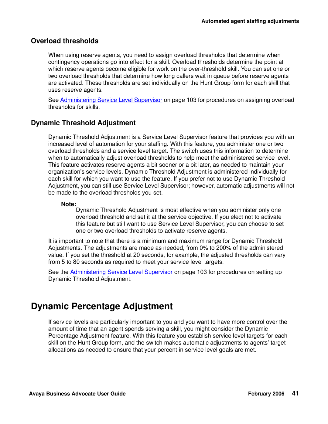 Avaya 3.1 manual Dynamic Percentage Adjustment, Overload thresholds, Dynamic Threshold Adjustment 