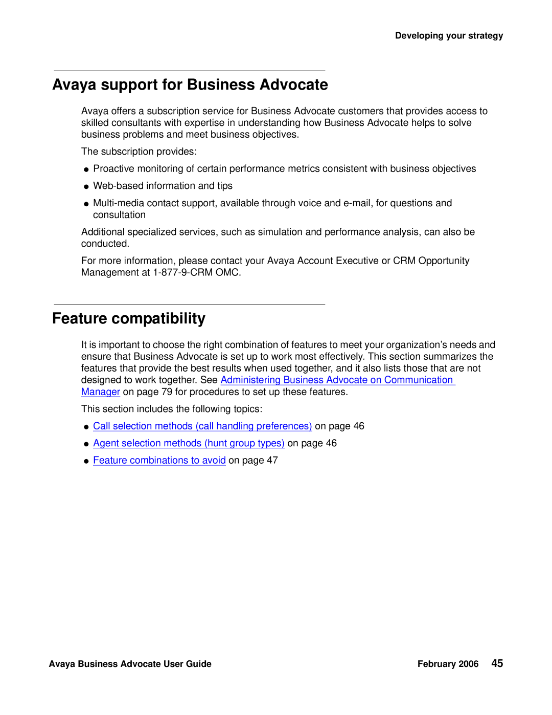 Avaya 3.1 manual Avaya support for Business Advocate, Feature compatibility 