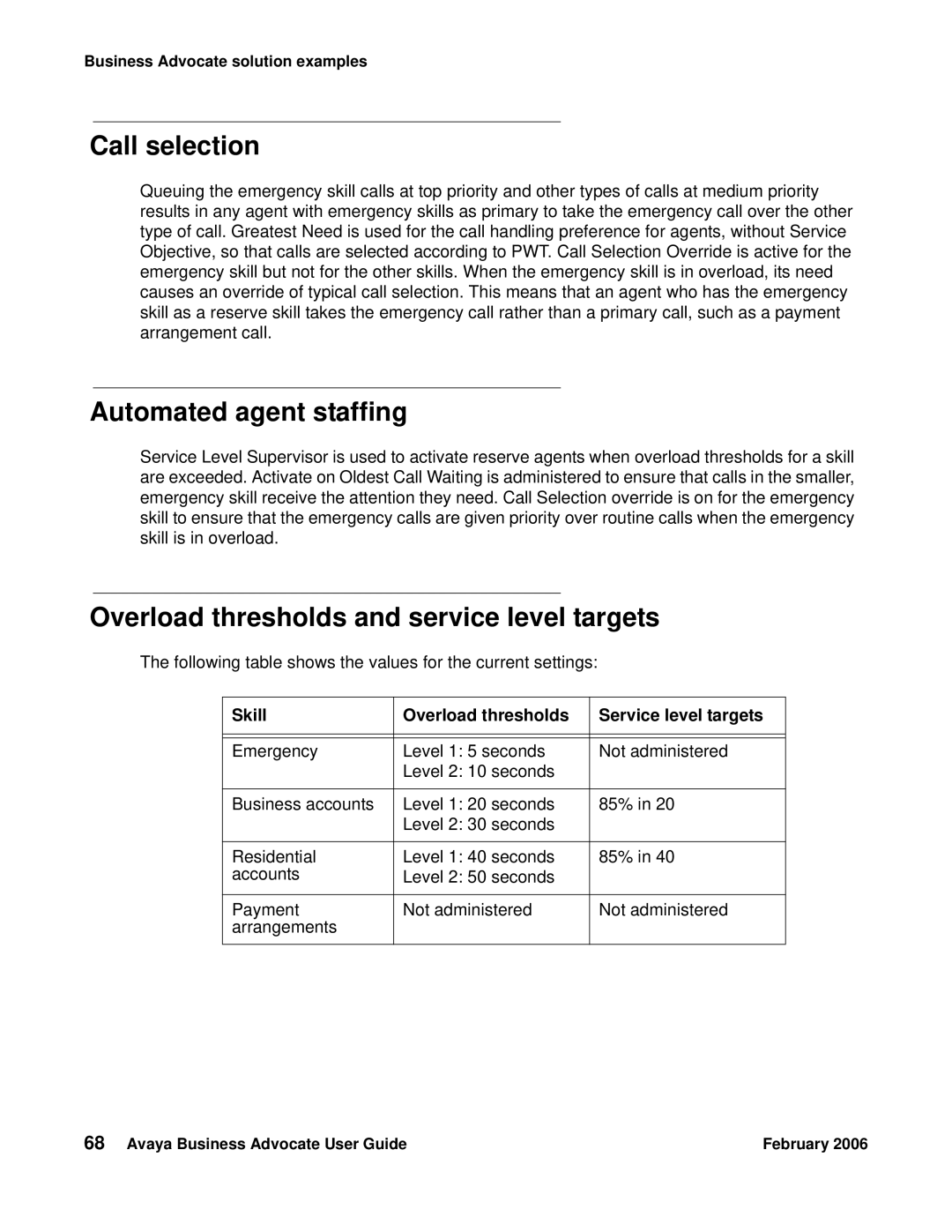 Avaya 3.1 manual Call selection, Skill Overload thresholds Service level targets 