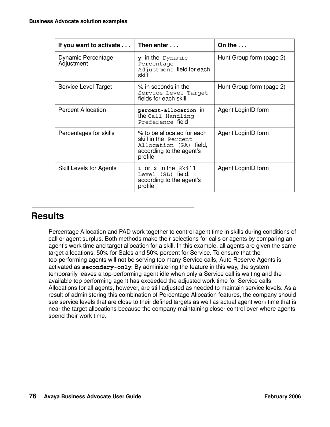 Avaya 3.1 manual Percentage, Service Level Target, Call Handling Preference field, Allocation PA field, Level SL field 