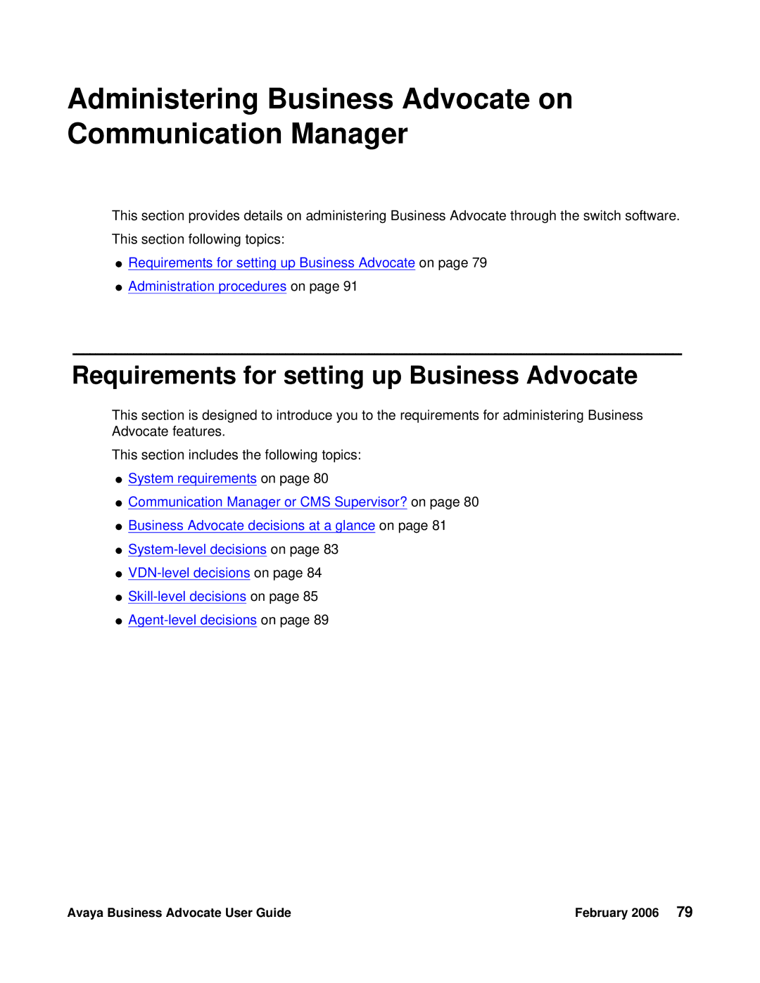 Avaya 3.1 manual Administering Business Advocate on Communication Manager, Requirements for setting up Business Advocate 