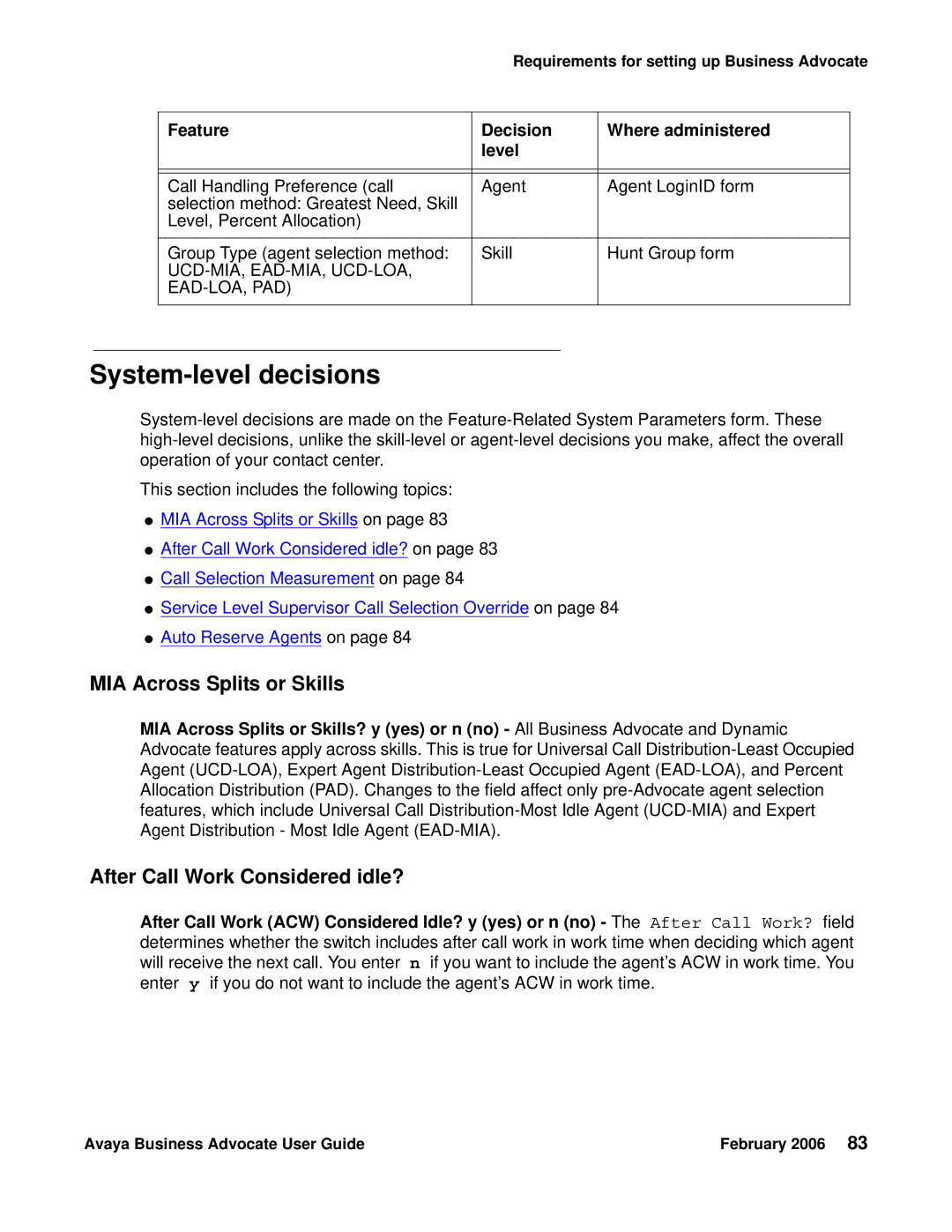 Avaya 3.1 manual System-level decisions, MIA Across Splits or Skills, After Call Work Considered idle? 