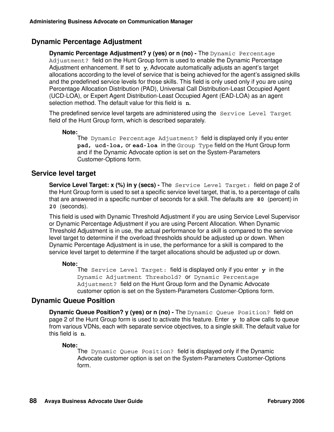 Avaya 3.1 manual Dynamic Percentage Adjustment, Service level target, Dynamic Queue Position 