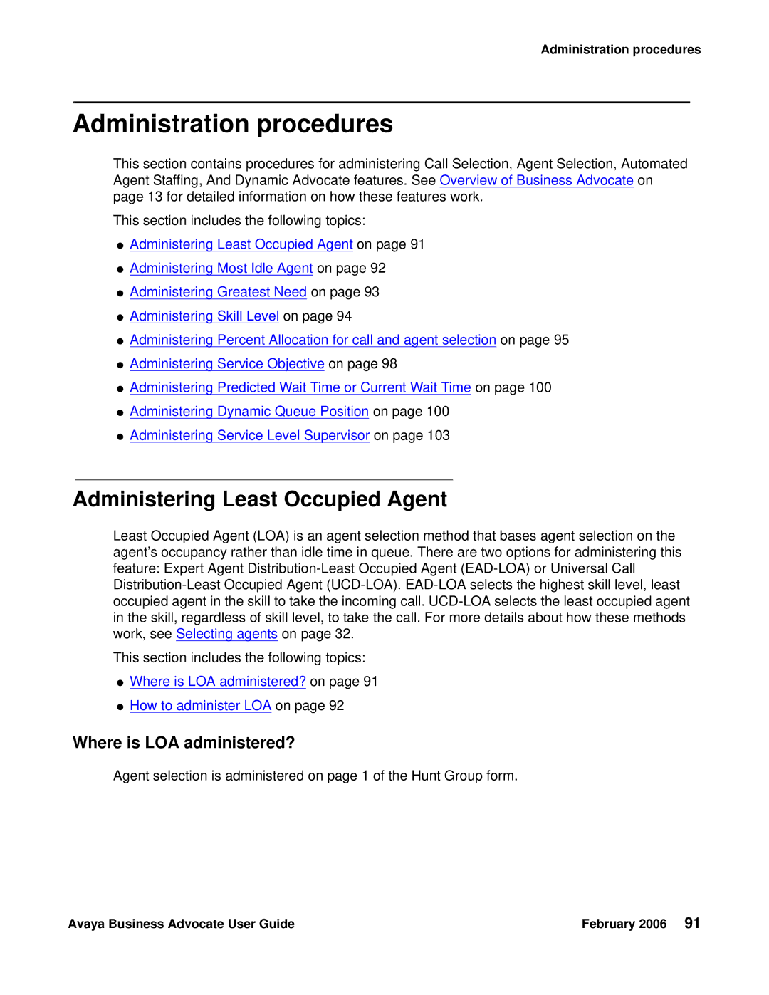 Avaya 3.1 manual Administration procedures, Administering Least Occupied Agent, Where is LOA administered? 