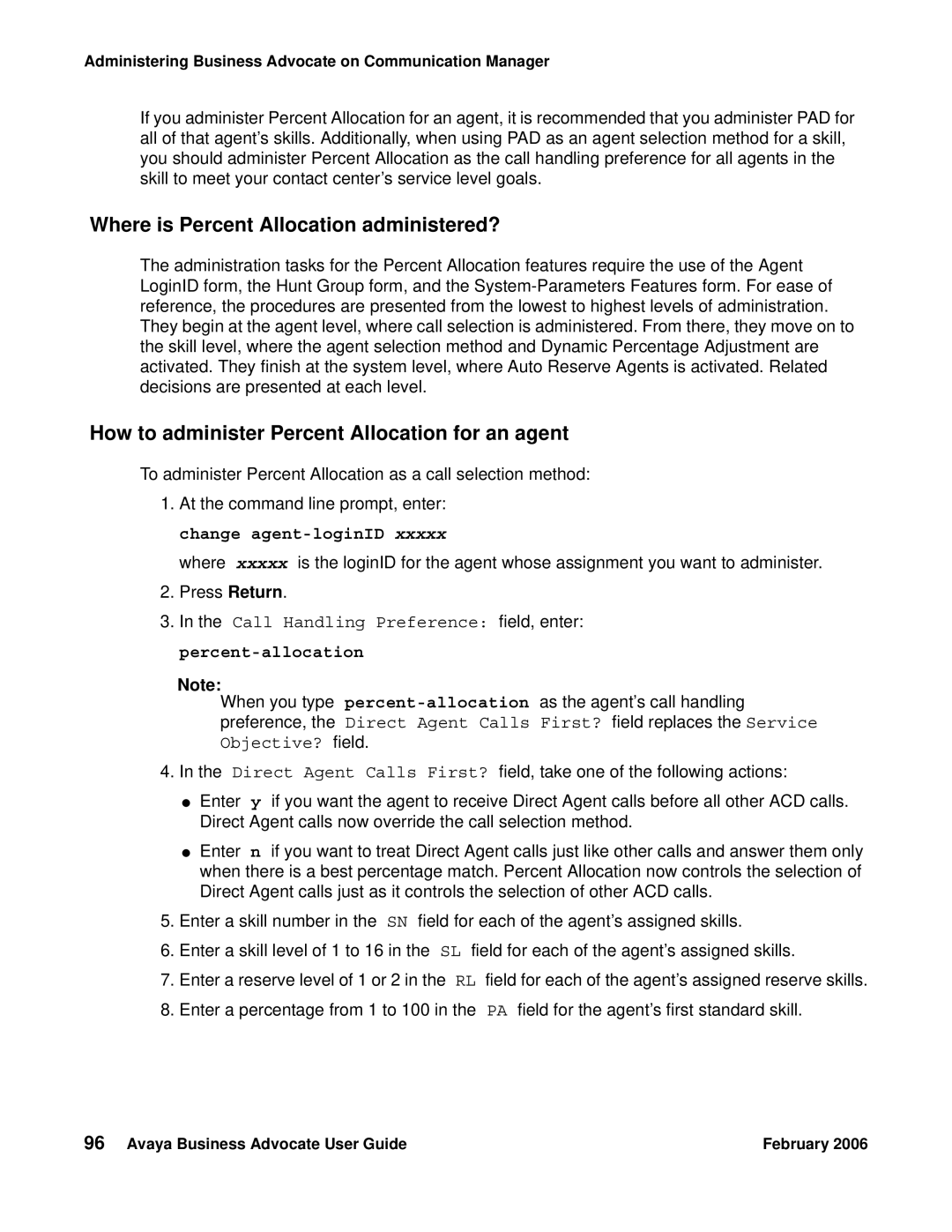 Avaya 3.1 manual Where is Percent Allocation administered?, How to administer Percent Allocation for an agent 