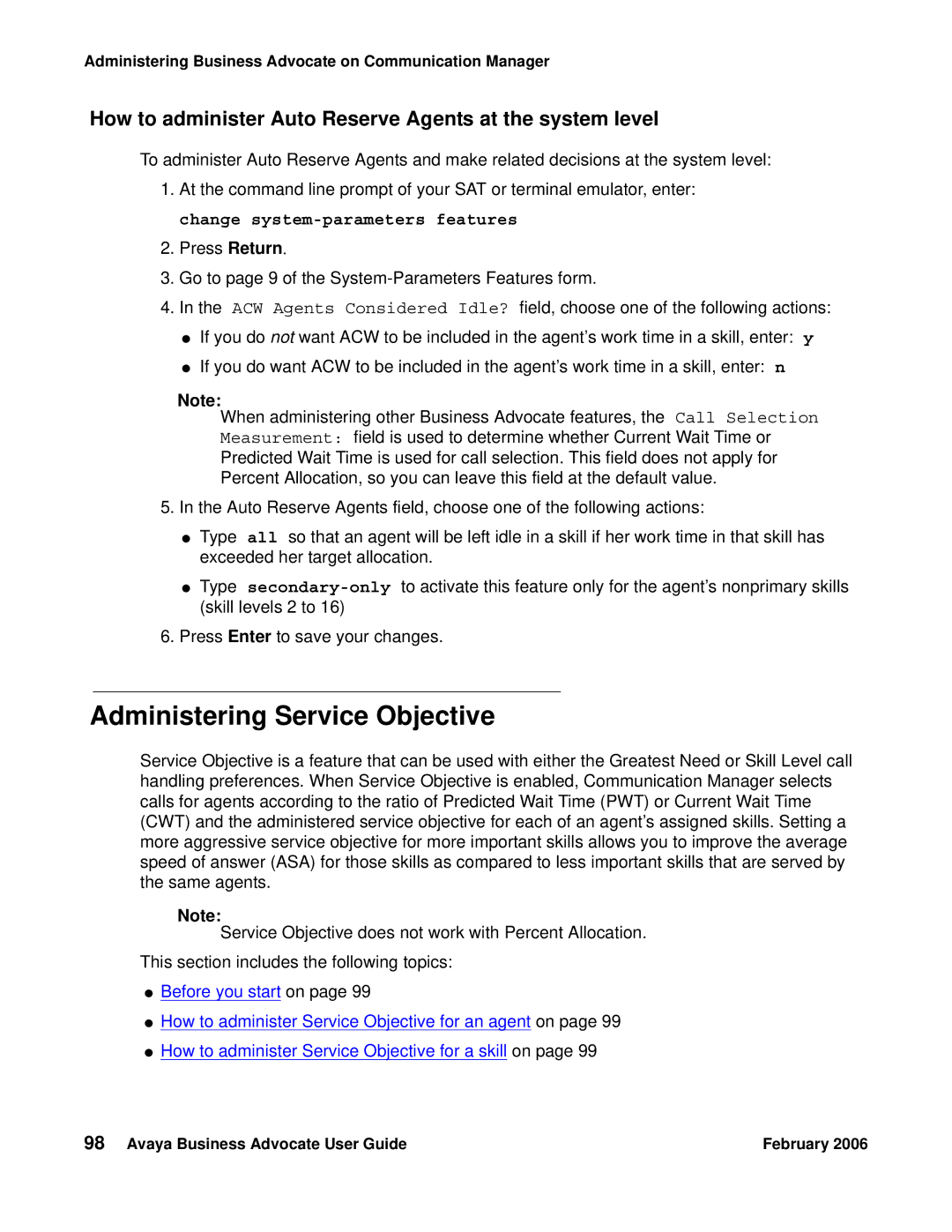 Avaya 3.1 manual Administering Service Objective, How to administer Auto Reserve Agents at the system level 