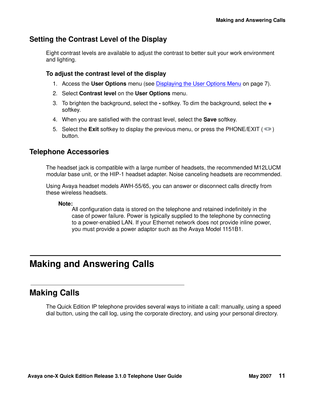 Avaya 3.1.0 Making and Answering Calls, Making Calls, Setting the Contrast Level of the Display, Telephone Accessories 