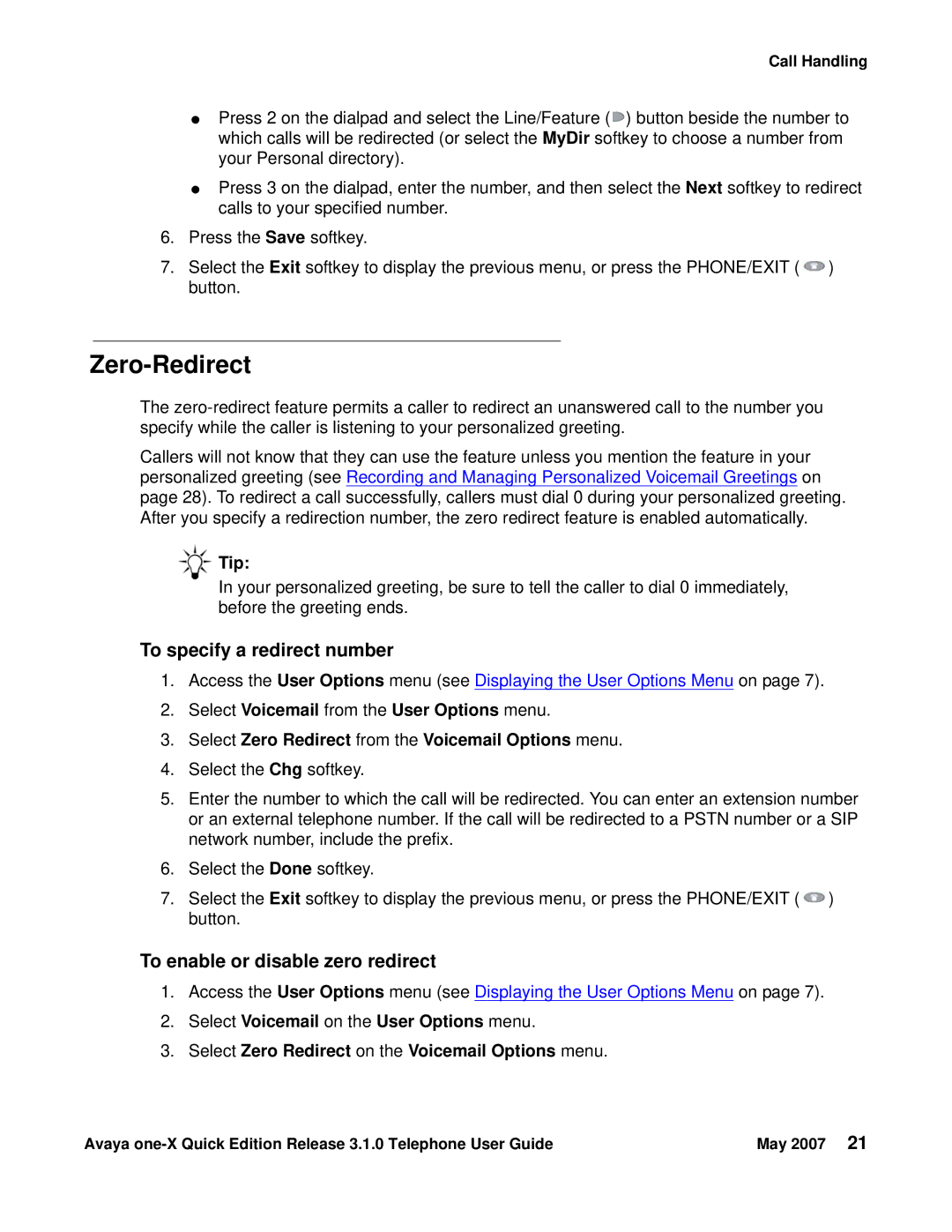 Avaya 3.1.0 manual Zero-Redirect, To specify a redirect number, To enable or disable zero redirect 