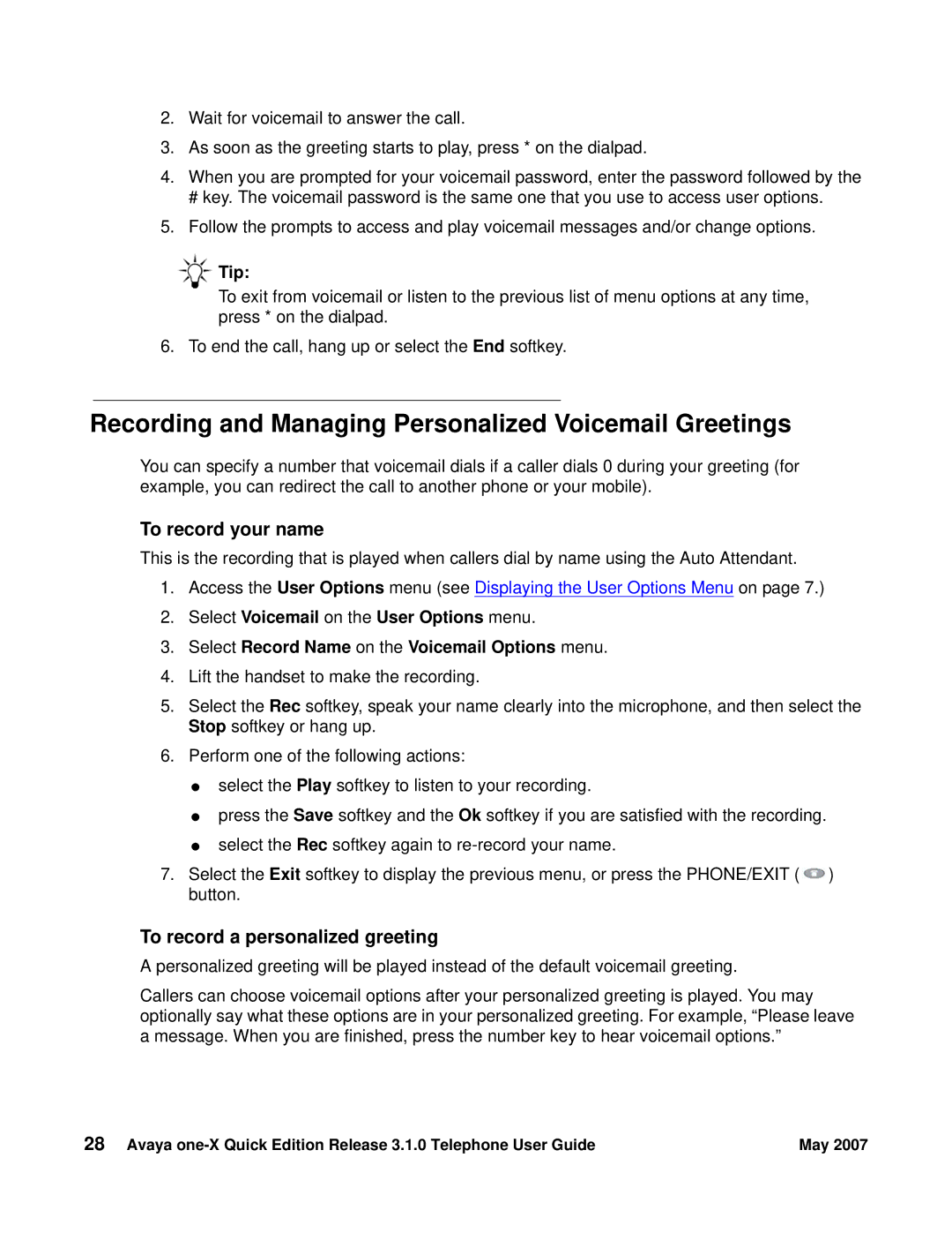 Avaya 3.1.0 manual Recording and Managing Personalized Voicemail Greetings, To record your name 