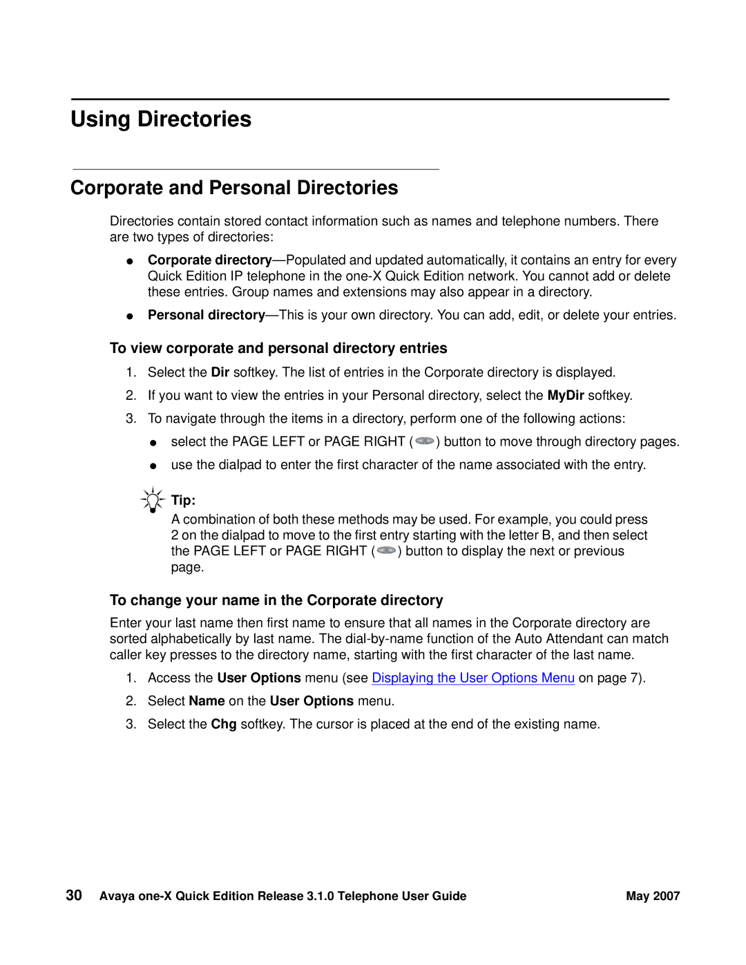 Avaya 3.1.0 manual Using Directories, Corporate and Personal Directories, To view corporate and personal directory entries 