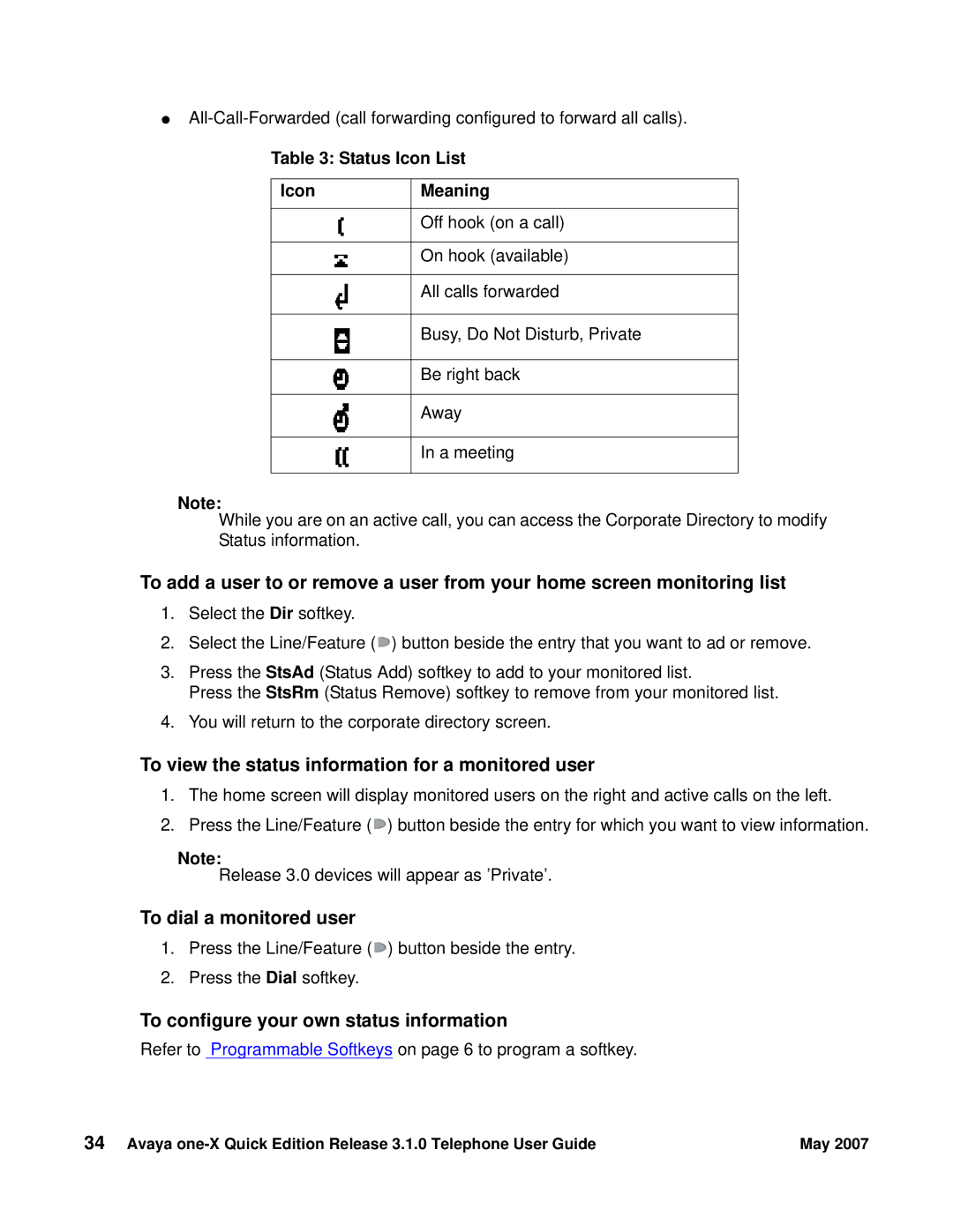 Avaya 3.1.0 manual To view the status information for a monitored user, To dial a monitored user, Status Icon List Meaning 