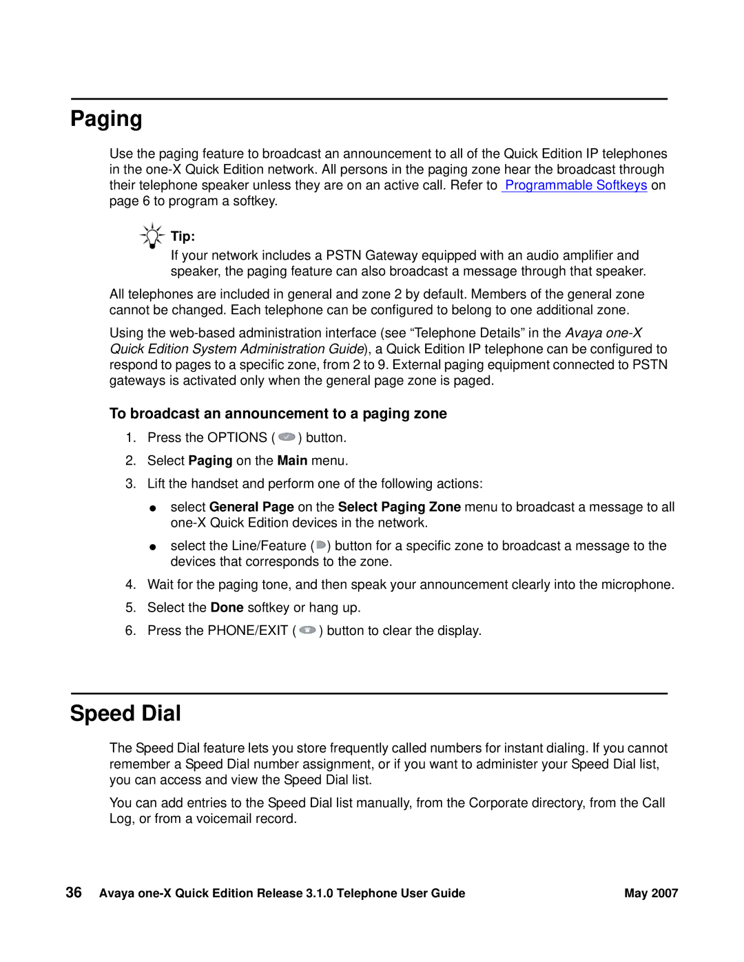 Avaya 3.1.0 manual Paging, Speed Dial, To broadcast an announcement to a paging zone 