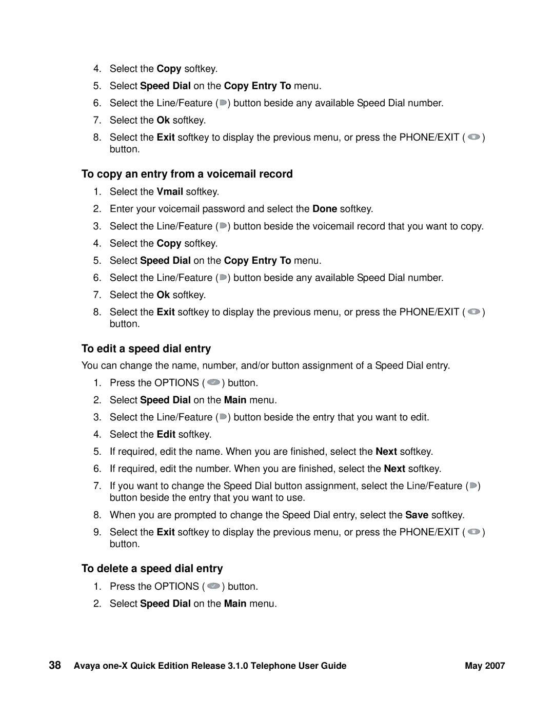 Avaya 3.1.0 manual To edit a speed dial entry, To delete a speed dial entry 