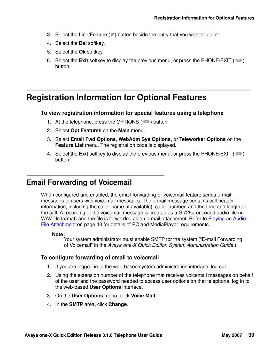 Avaya 3.1.0 manual Registration Information for Optional Features, Email Forwarding of Voicemail 