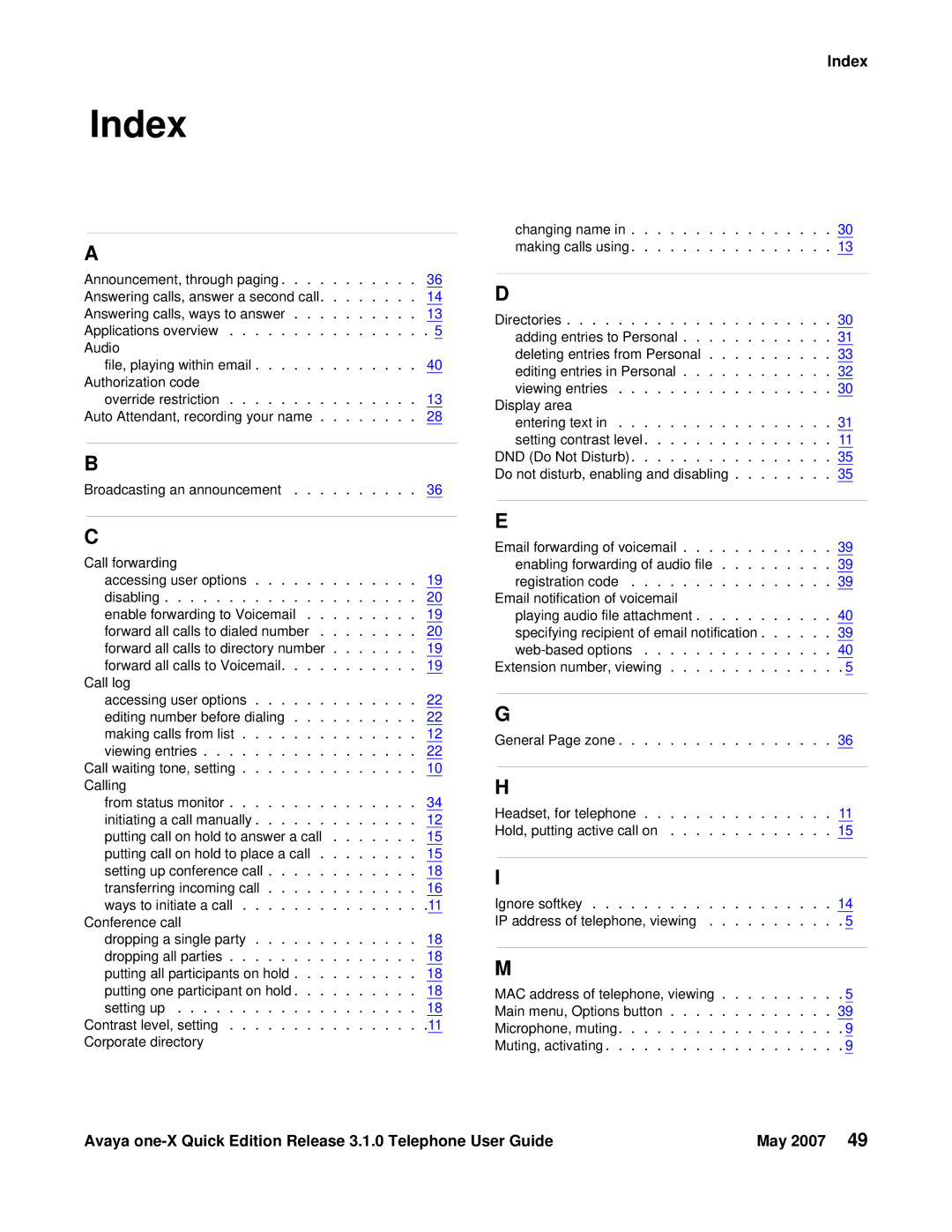 Avaya 3.1.0 manual Index 