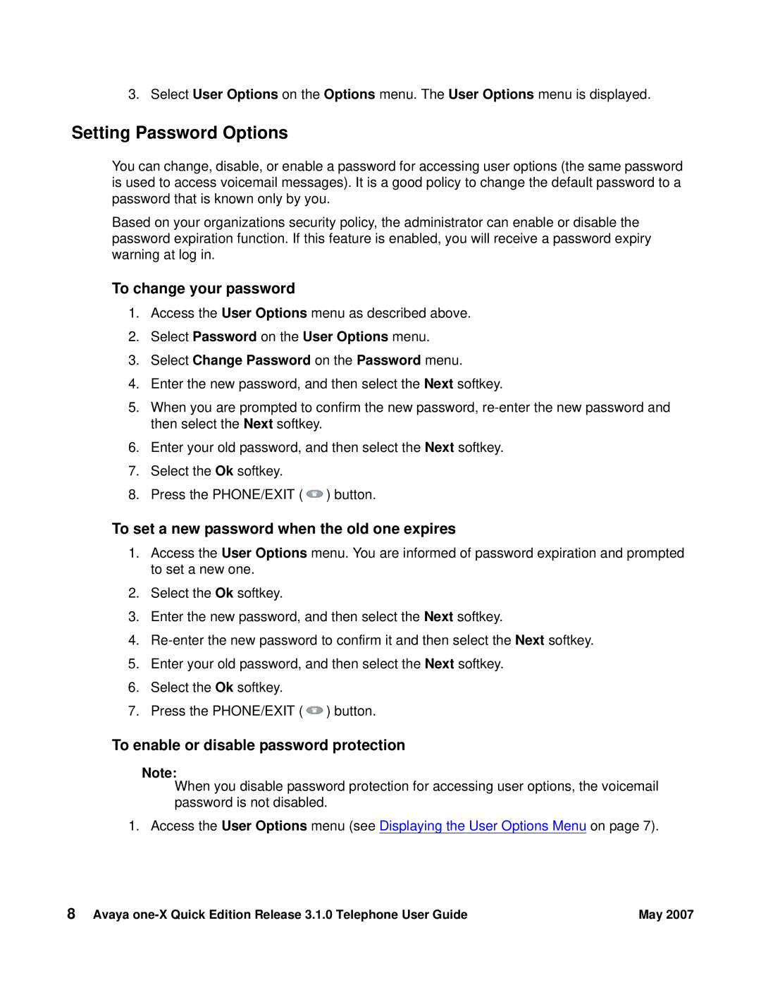 Avaya 3.1.0 manual Setting Password Options, To change your password, To set a new password when the old one expires 