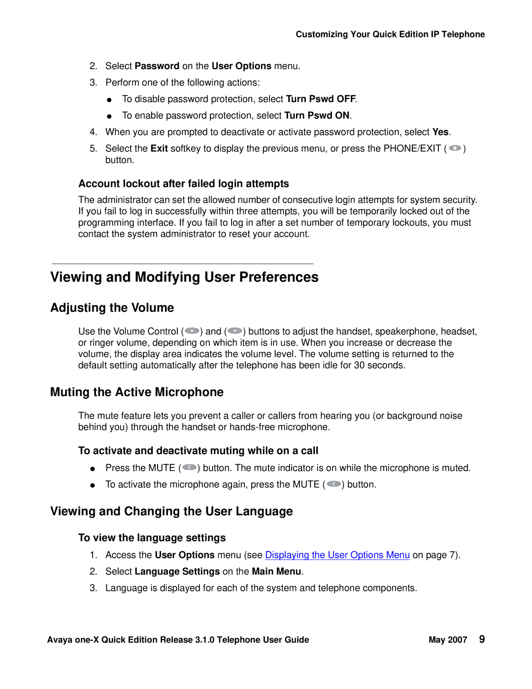 Avaya 3.1.0 manual Viewing and Modifying User Preferences, Adjusting the Volume, Muting the Active Microphone 