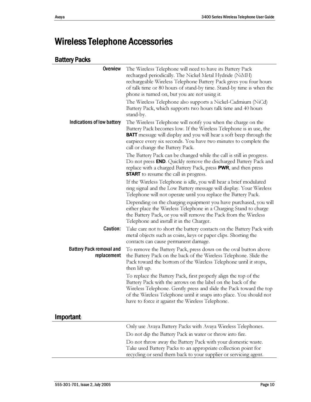 Avaya 3400 Series manual Wireless Telephone Accessories, Battery Packs 