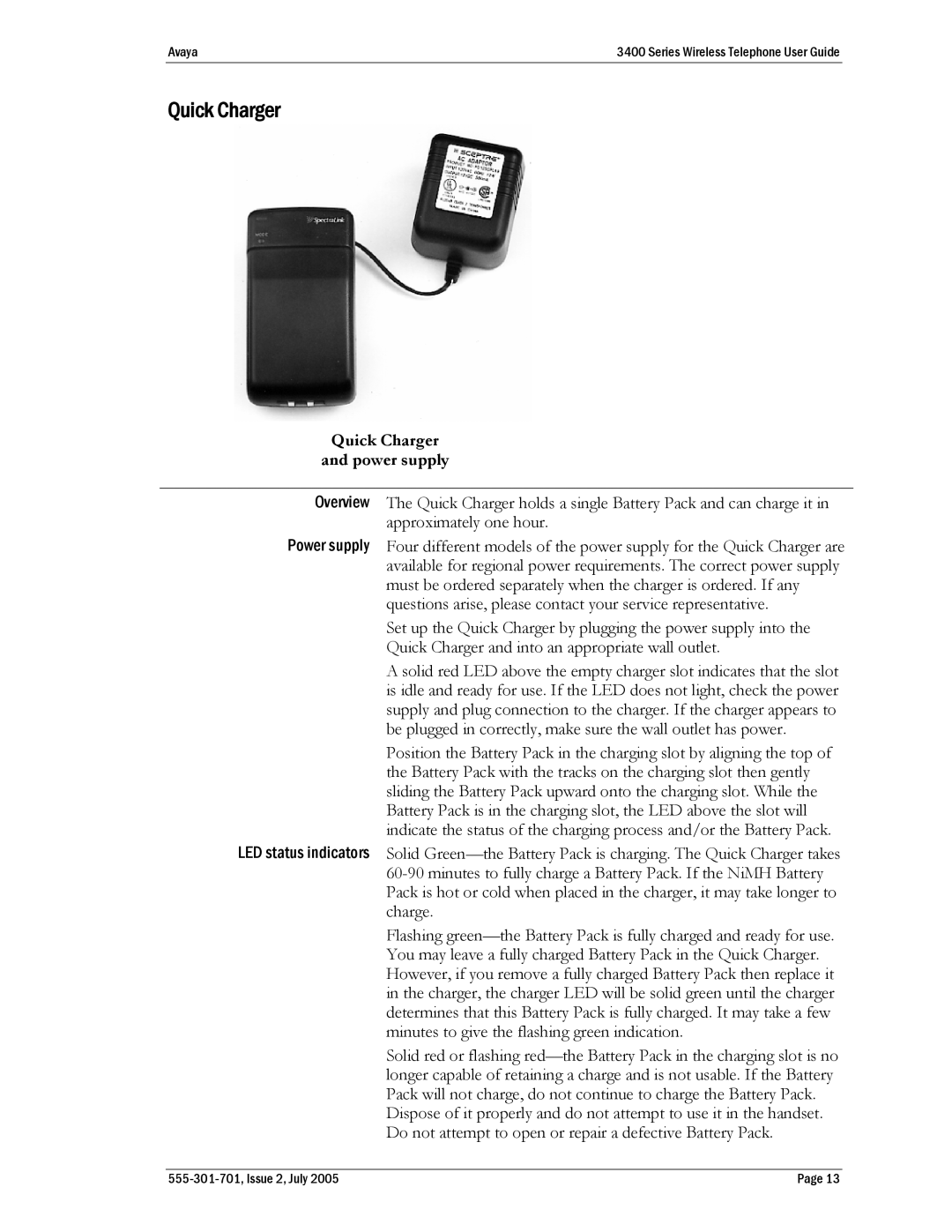 Avaya 3400 Series manual Quick Charger Power supply 