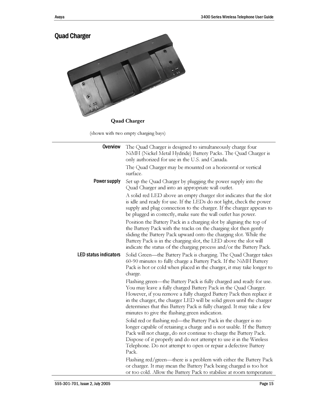 Avaya 3400 Series manual Quad Charger 