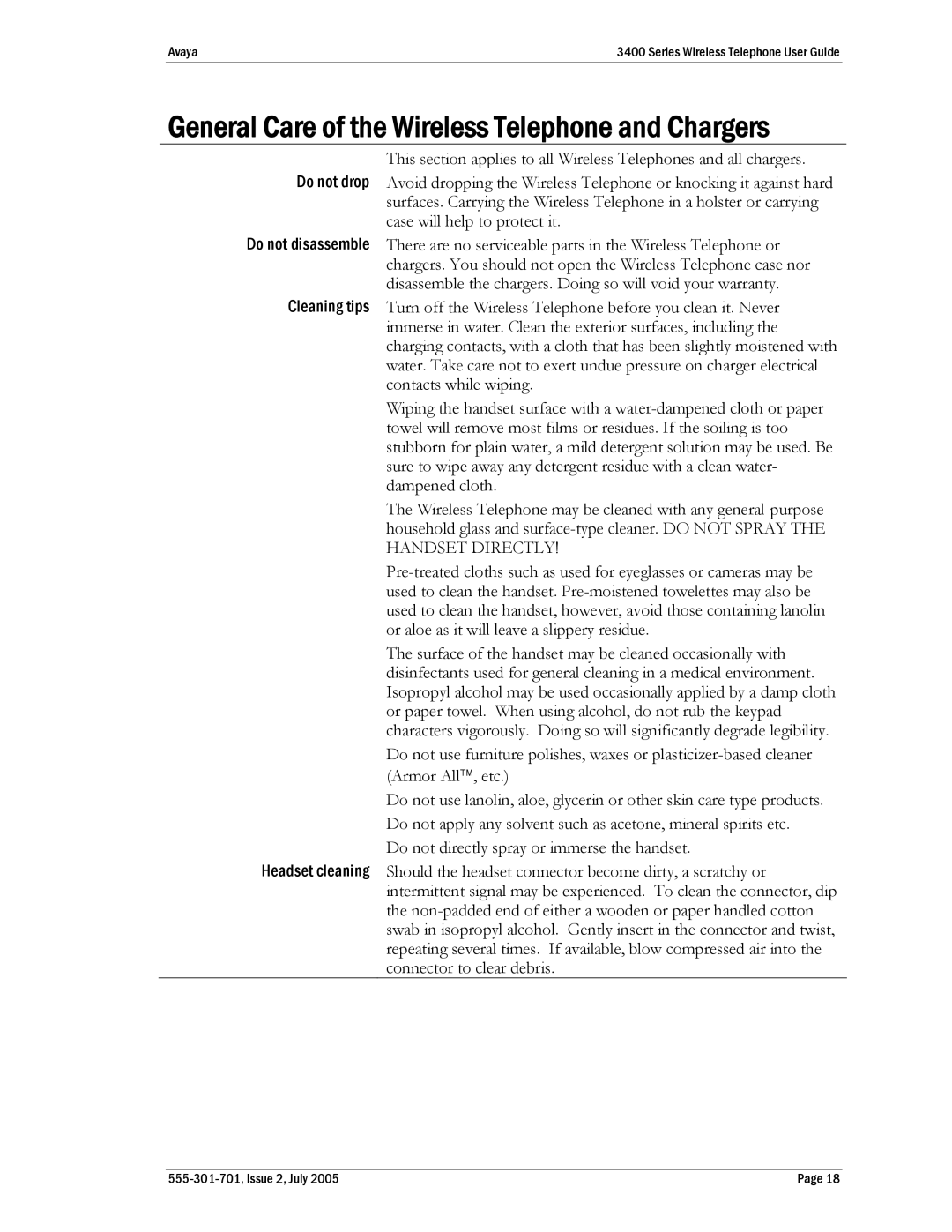 Avaya 3400 Series manual General Care of the Wireless Telephone and Chargers 