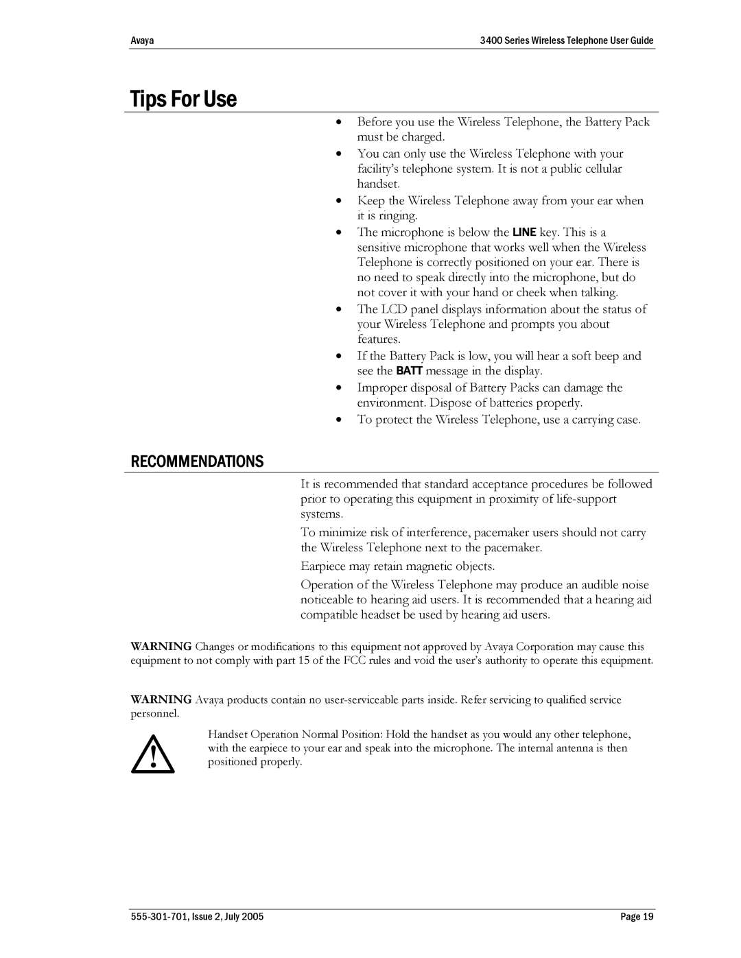 Avaya 3400 Series manual Tips For Use, Recommendations 