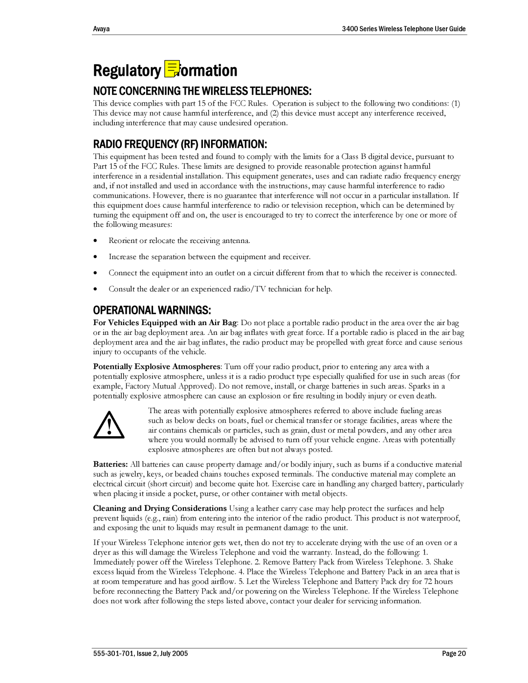 Avaya 3400 Series manual Regulatory Information, Radio Frequency RF Information 