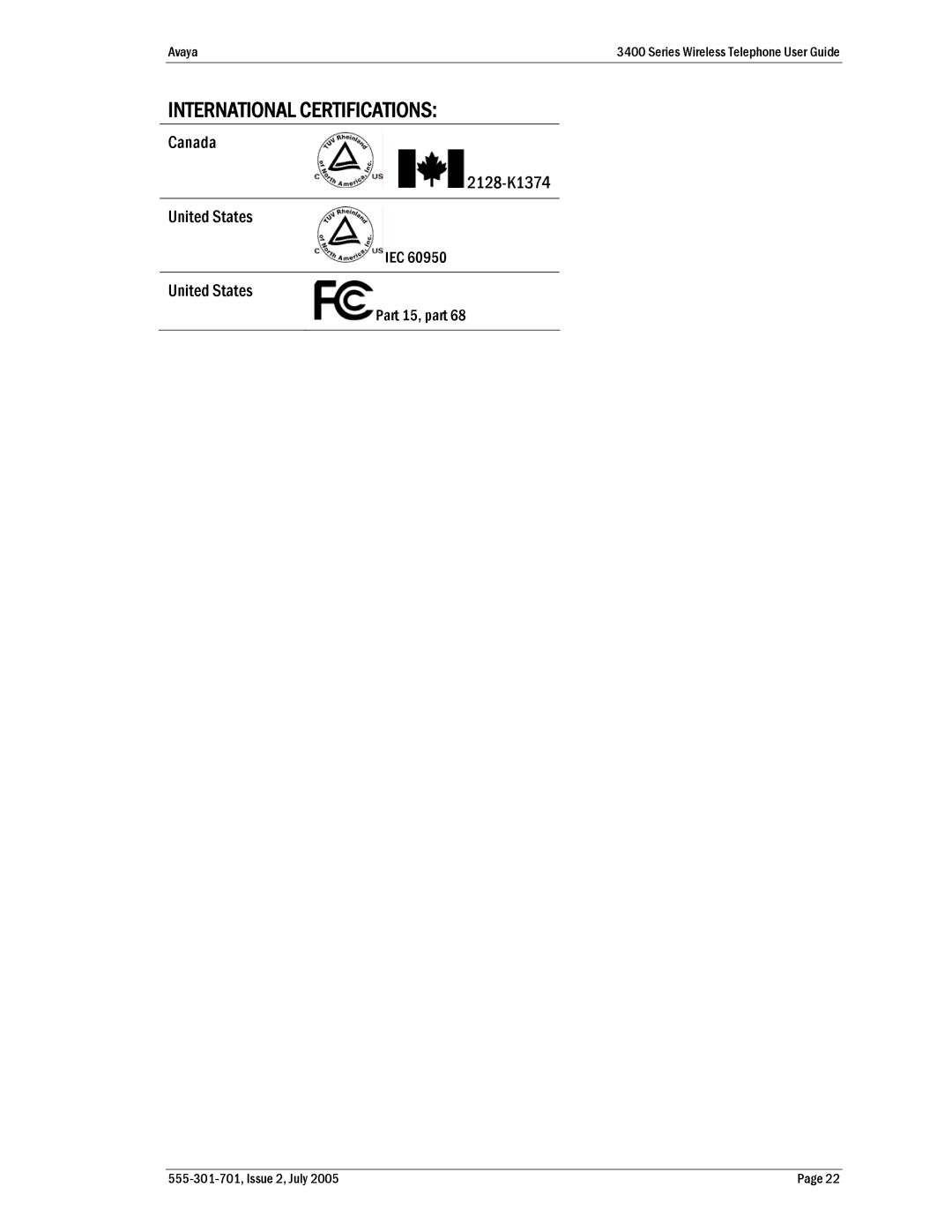 Avaya 3400 Series manual International Certifications 