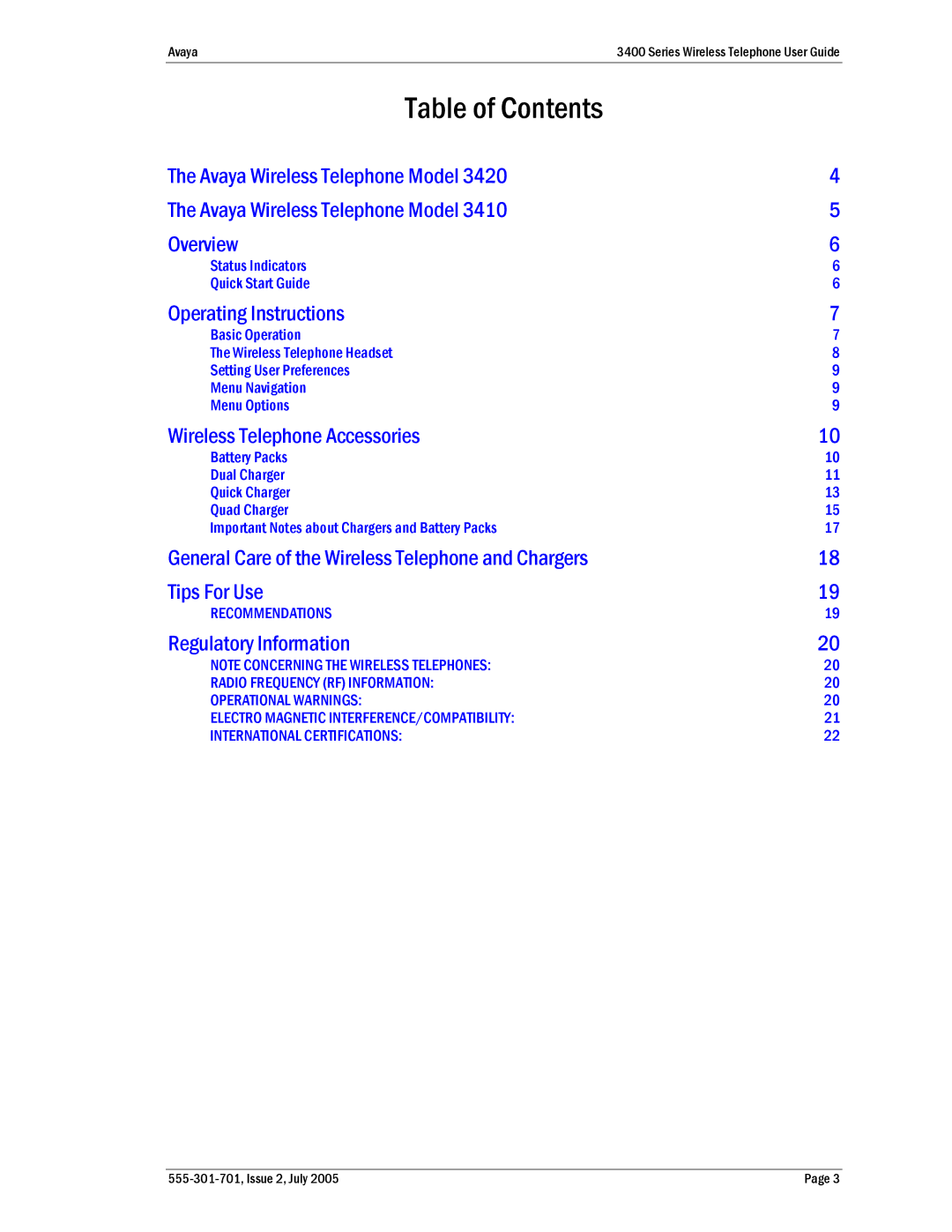 Avaya 3400 Series manual Table of Contents 