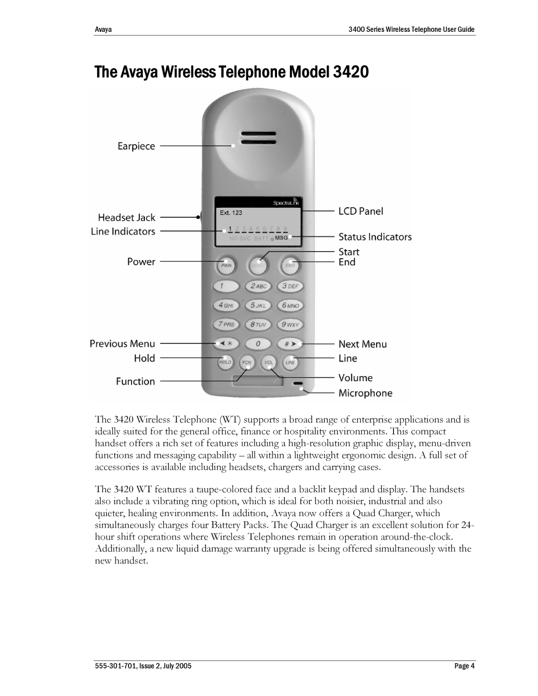 Avaya 3400 Series manual Avaya Wireless Telephone Model 