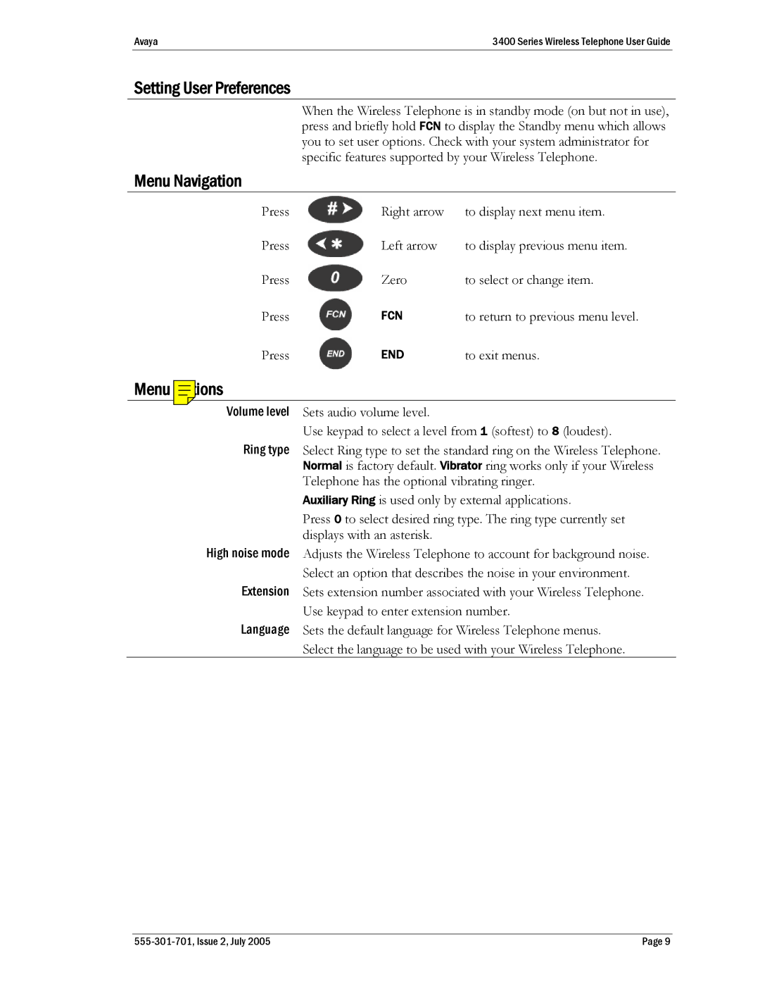 Avaya 3400 Series manual Setting User Preferences, Menu Navigation 