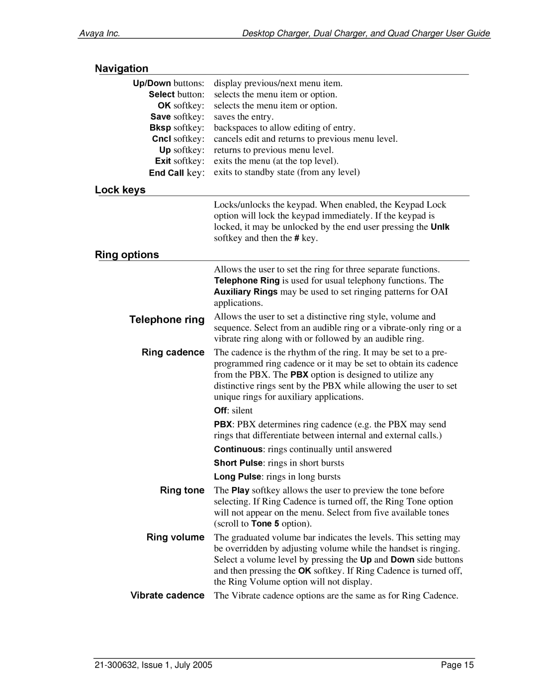 Avaya 3600 Series manual Navigation, Lock keys, Ring options Telephone ring 