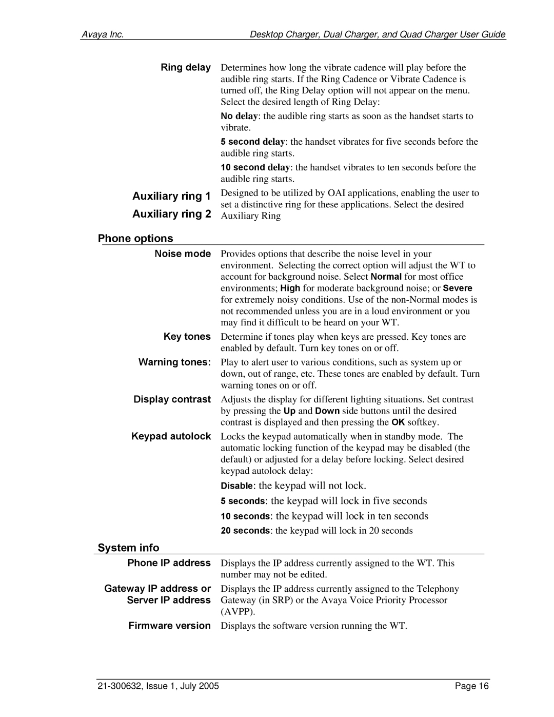 Avaya 3600 Series manual Auxiliary ring Phone options, System info 