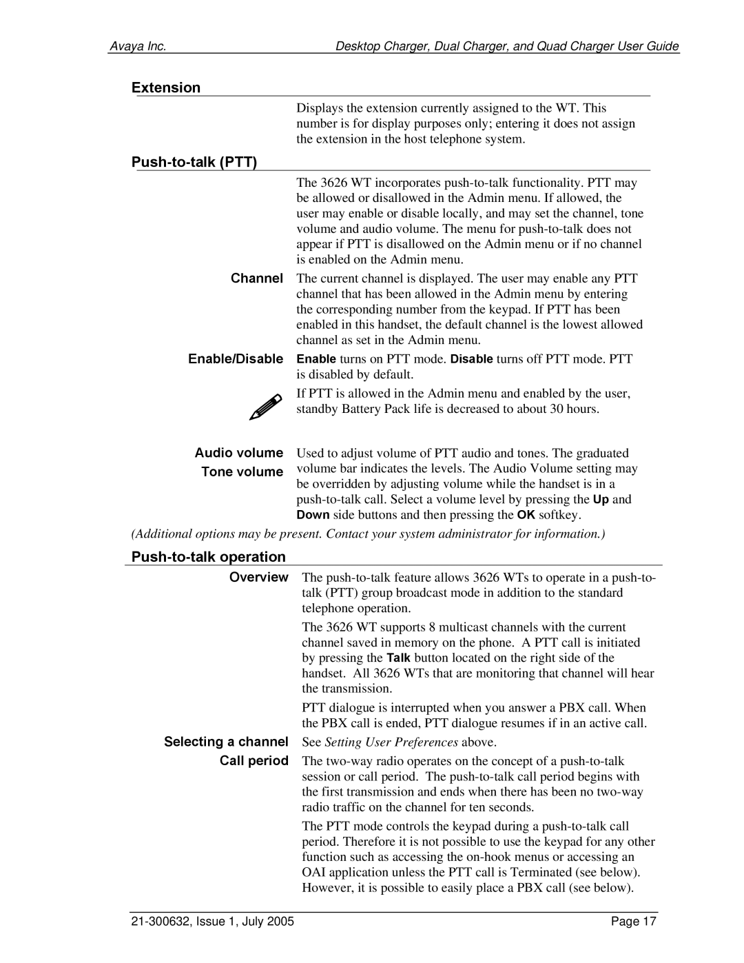 Avaya 3600 Series manual Extension, Push-to-talk PTT, Push-to-talk operation 