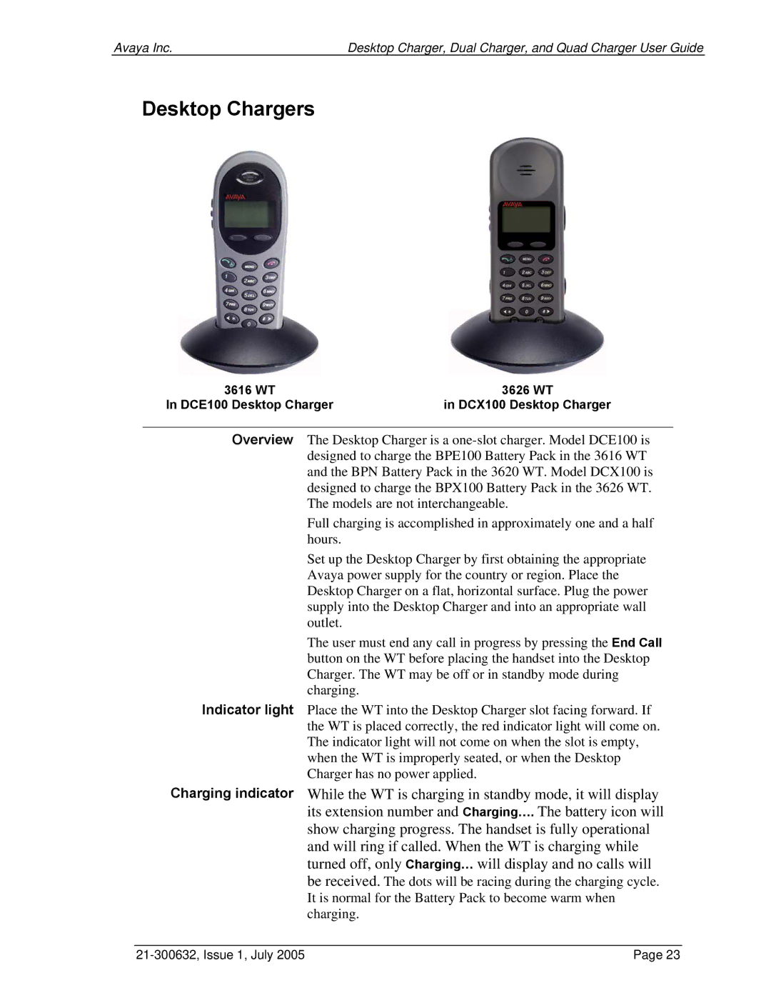 Avaya 3600 Series manual Desktop Chargers 