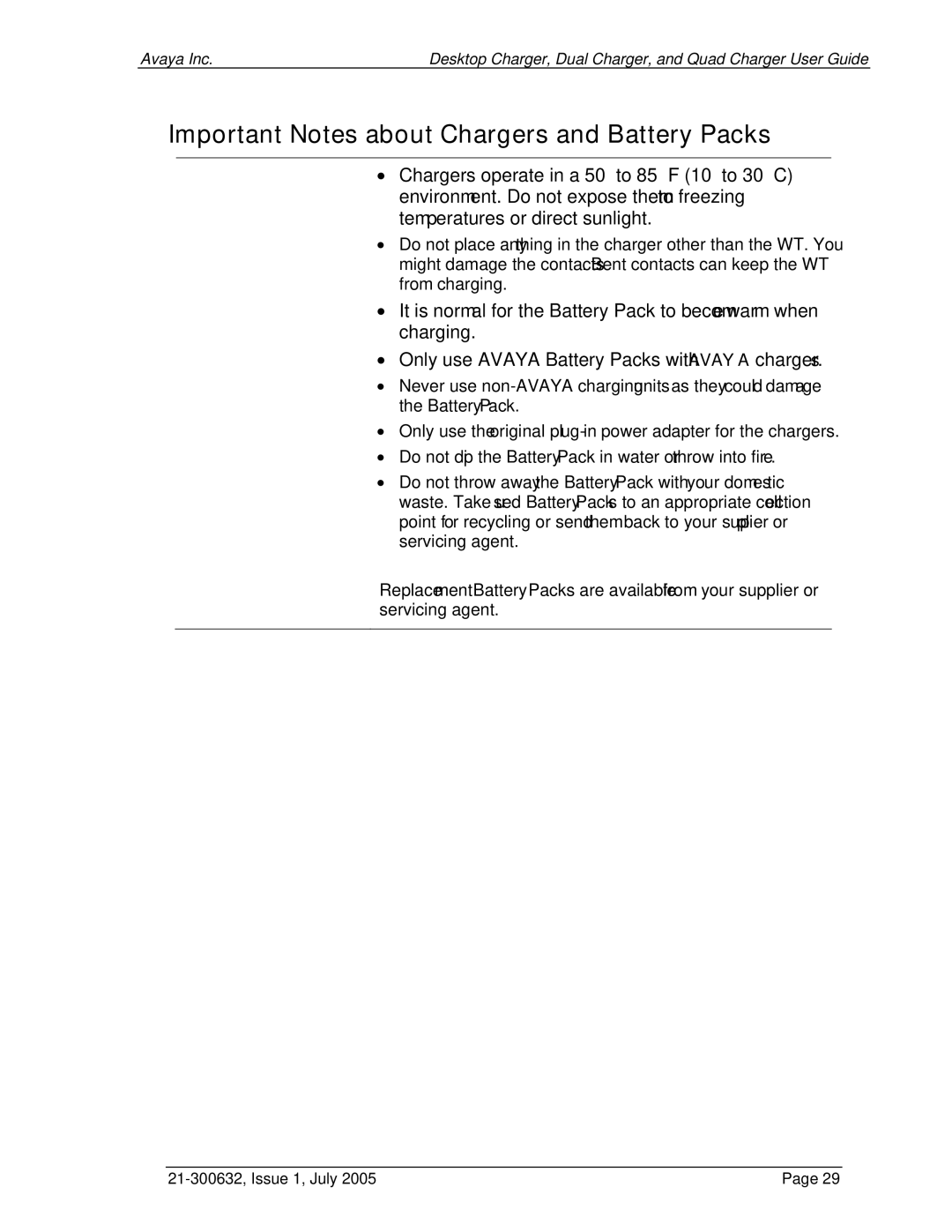 Avaya 3600 Series manual Important Notes about Chargers and Battery Packs 