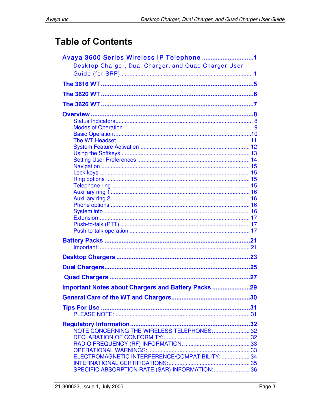 Avaya 3600 Series manual Table of Contents 