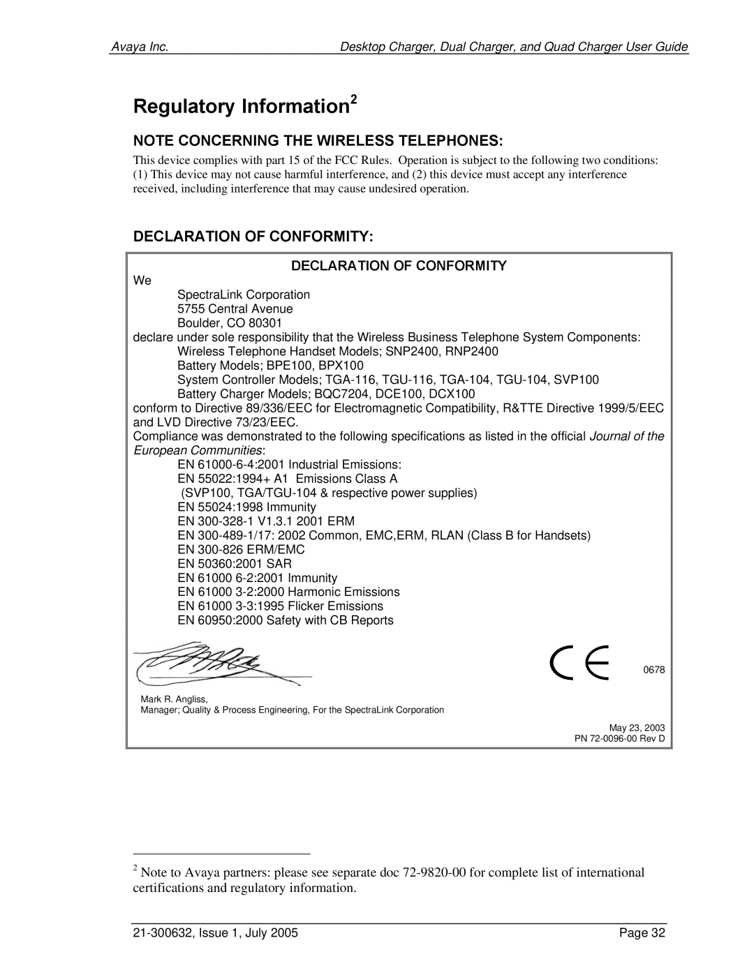 Avaya 3600 Series manual Regulatory Information2, Declaration of Conformity 