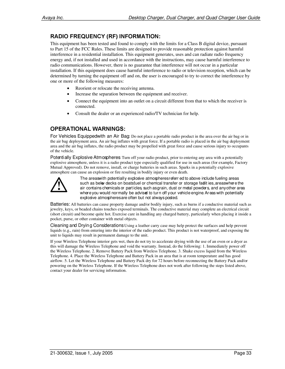 Avaya 3600 Series manual Radio Frequency RF Information, Operational Warnings 