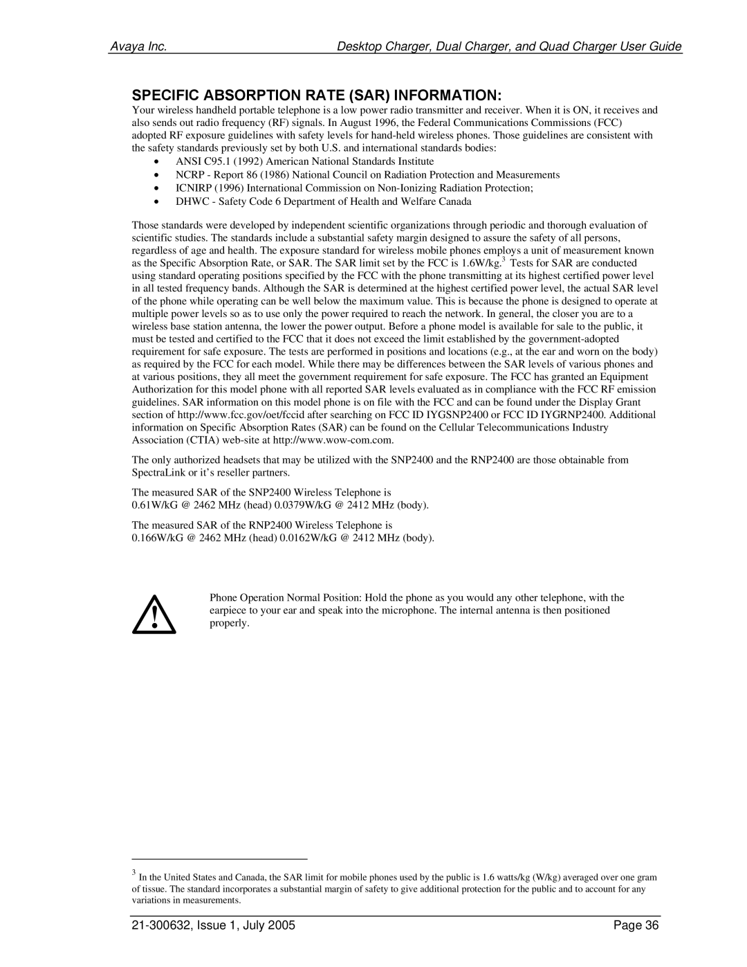 Avaya 3600 Series manual Specific Absorption Rate SAR Information 