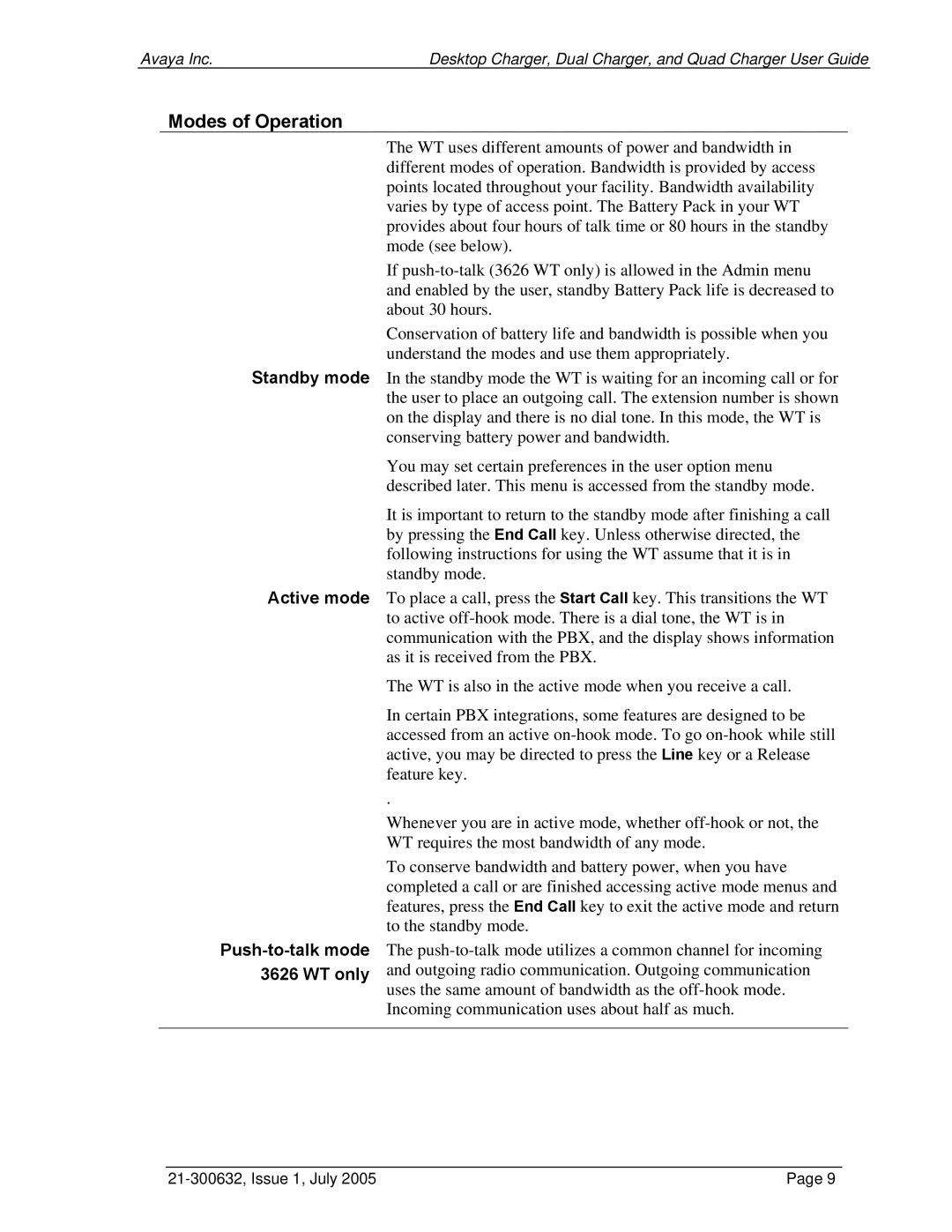 Avaya 3600 Series manual Modes of Operation, Standby mode Active mode Push-to-talk mode 3626 WT only 