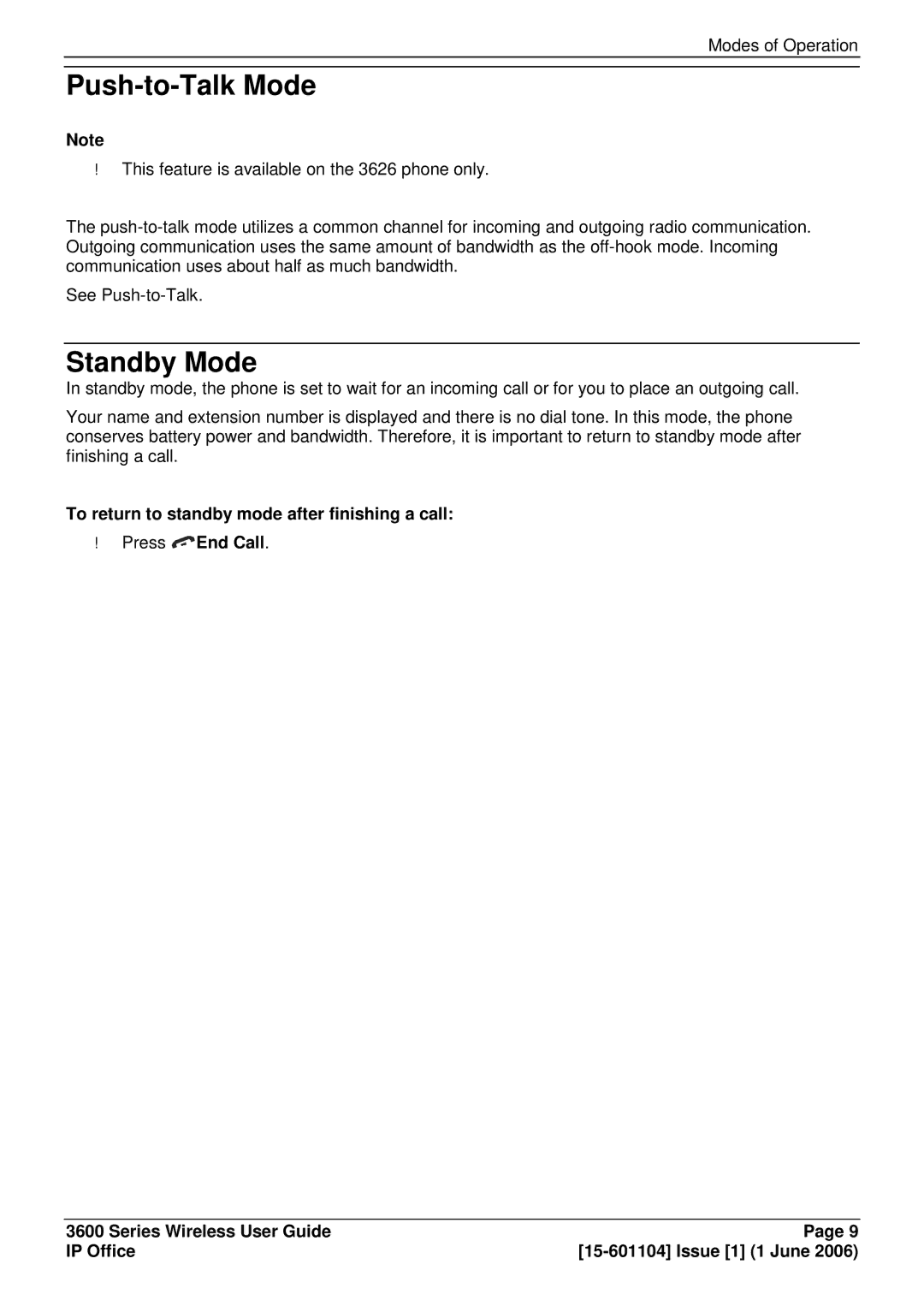 Avaya 3600 manual Push-to-Talk Mode, Standby Mode 