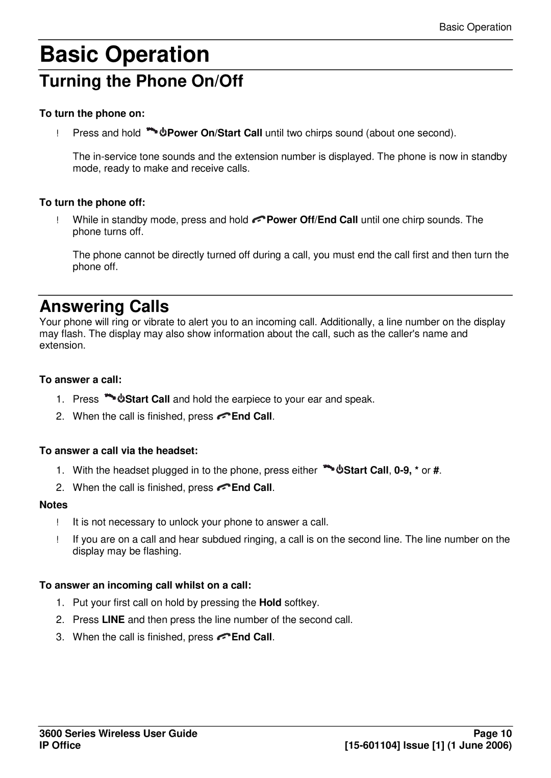 Avaya 3600 manual Basic Operation, Turning the Phone On/Off, Answering Calls 