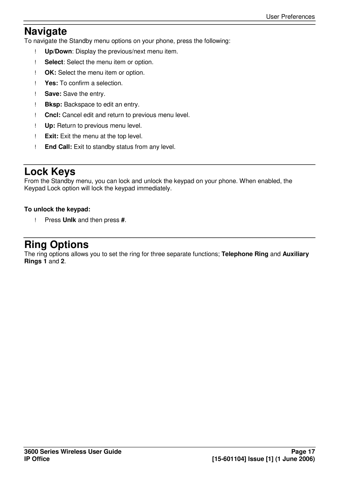 Avaya 3600 manual Navigate, Lock Keys, Ring Options, To unlock the keypad 