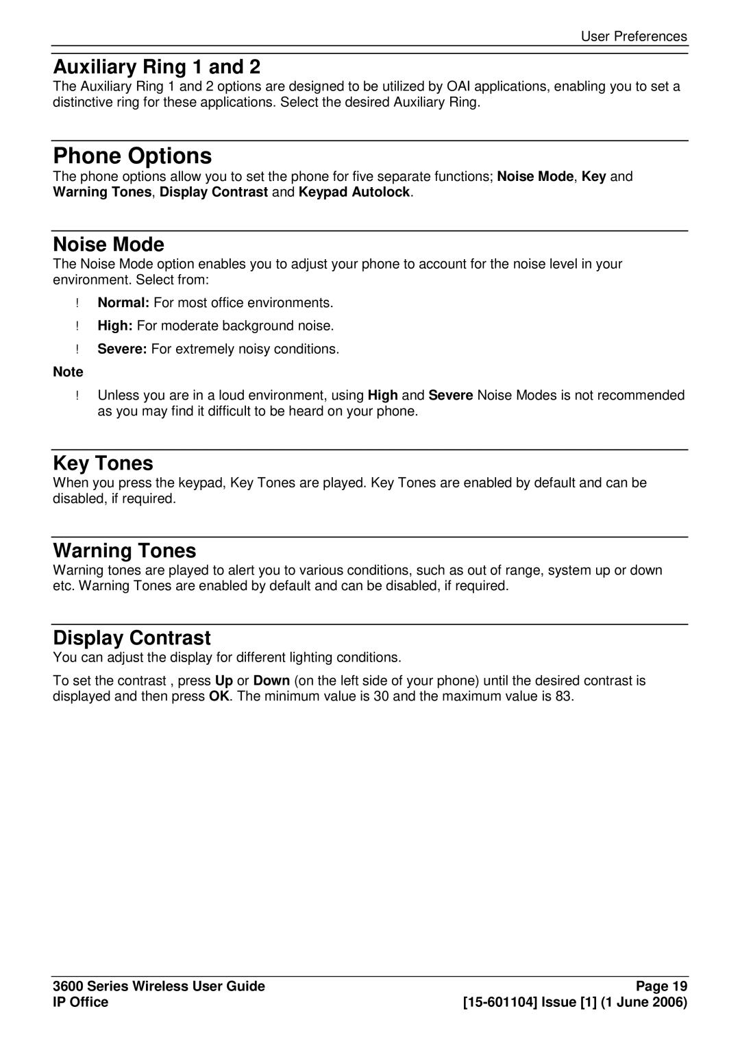 Avaya 3600 manual Phone Options, Auxiliary Ring 1, Noise Mode, Key Tones, Display Contrast 