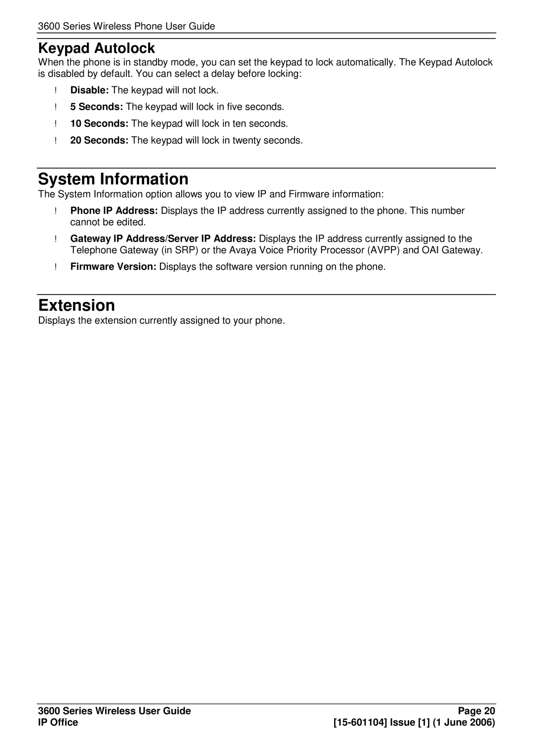 Avaya 3600 manual System Information, Extension, Keypad Autolock 