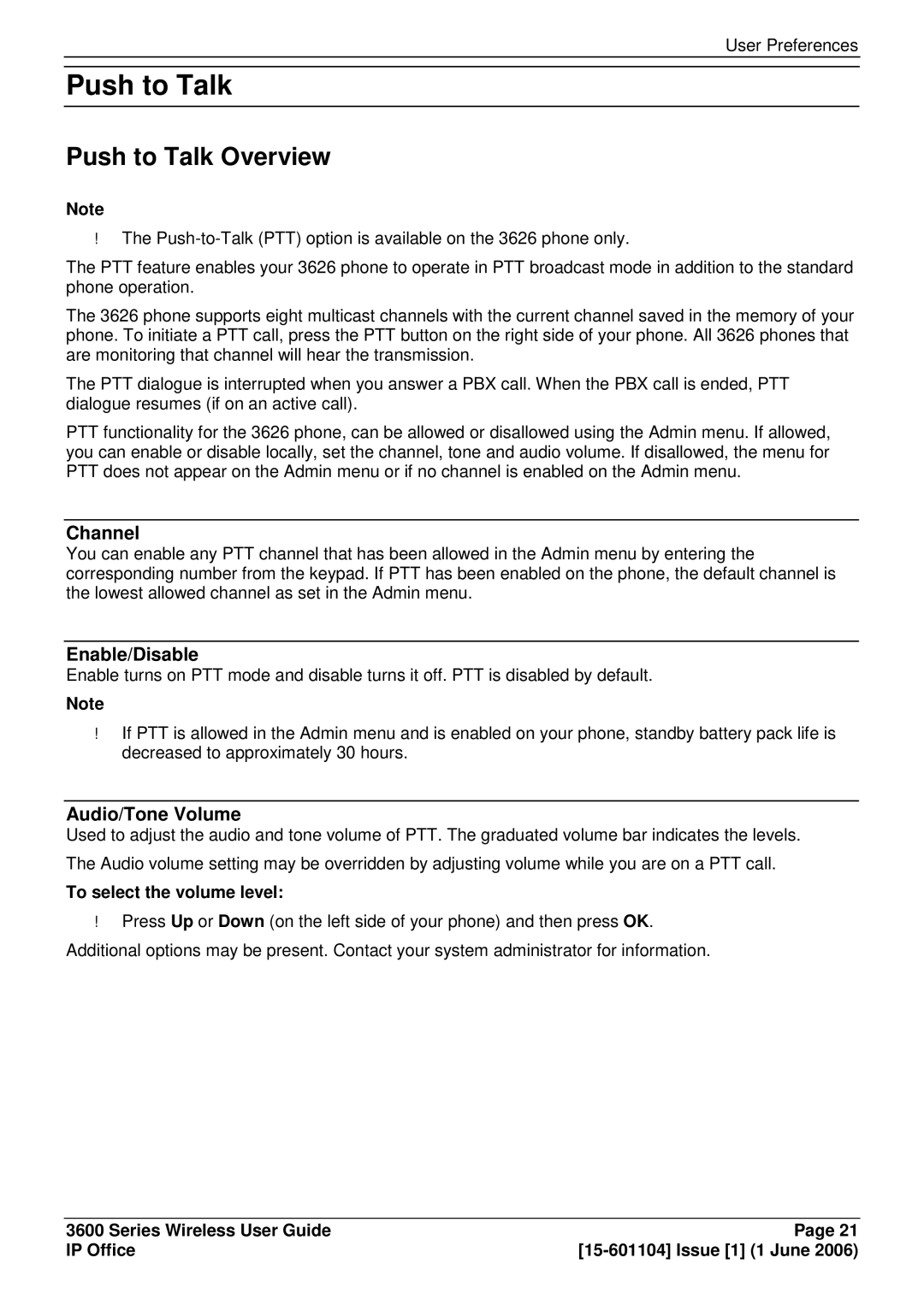 Avaya 3600 manual Push to Talk Overview, To select the volume level 