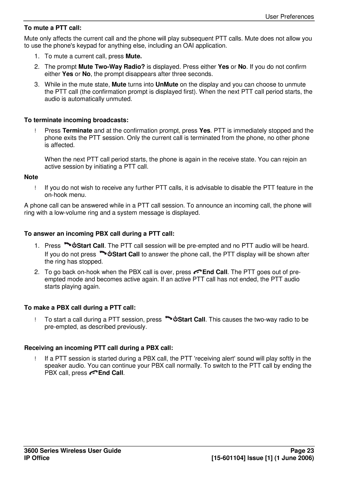 Avaya 3600 manual To mute a PTT call, To terminate incoming broadcasts, To answer an incoming PBX call during a PTT call 